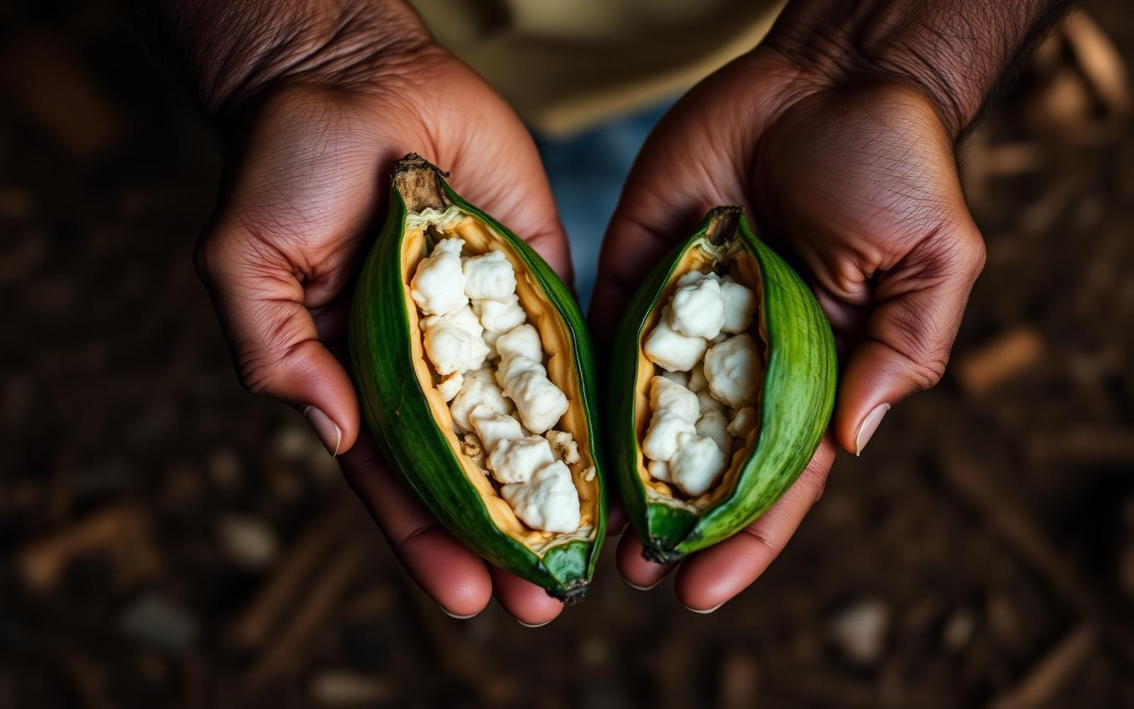 Mains tenant des cabosses de cacao ouvertes