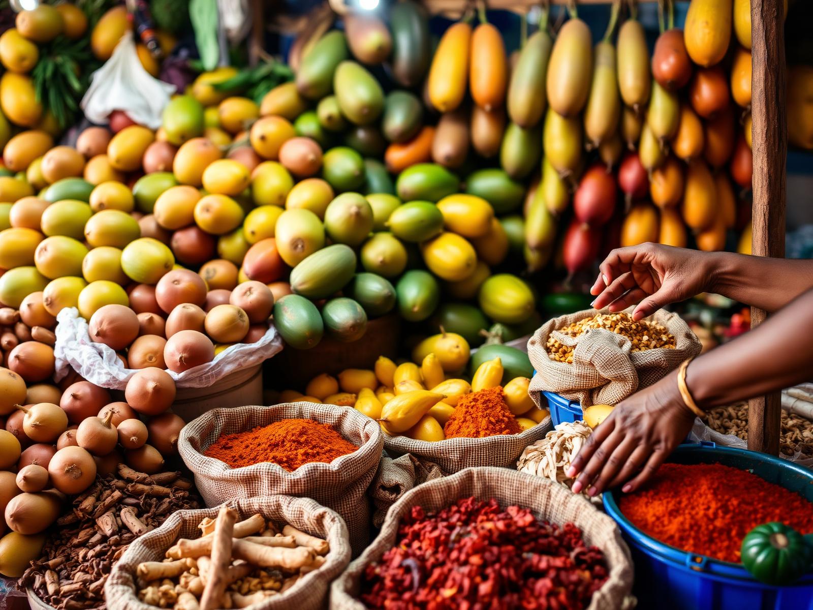 Marché créole débordant de fruits tropicaux et d'épices